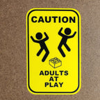 Caution: Adults at Play Sign | Funny 3D Printed Builder Decor with Brick Graphic | 5" x 8"
