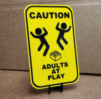 Caution: Adults at Play Sign | Funny 3D Printed Builder Decor with Brick Graphic | 5" x 8"