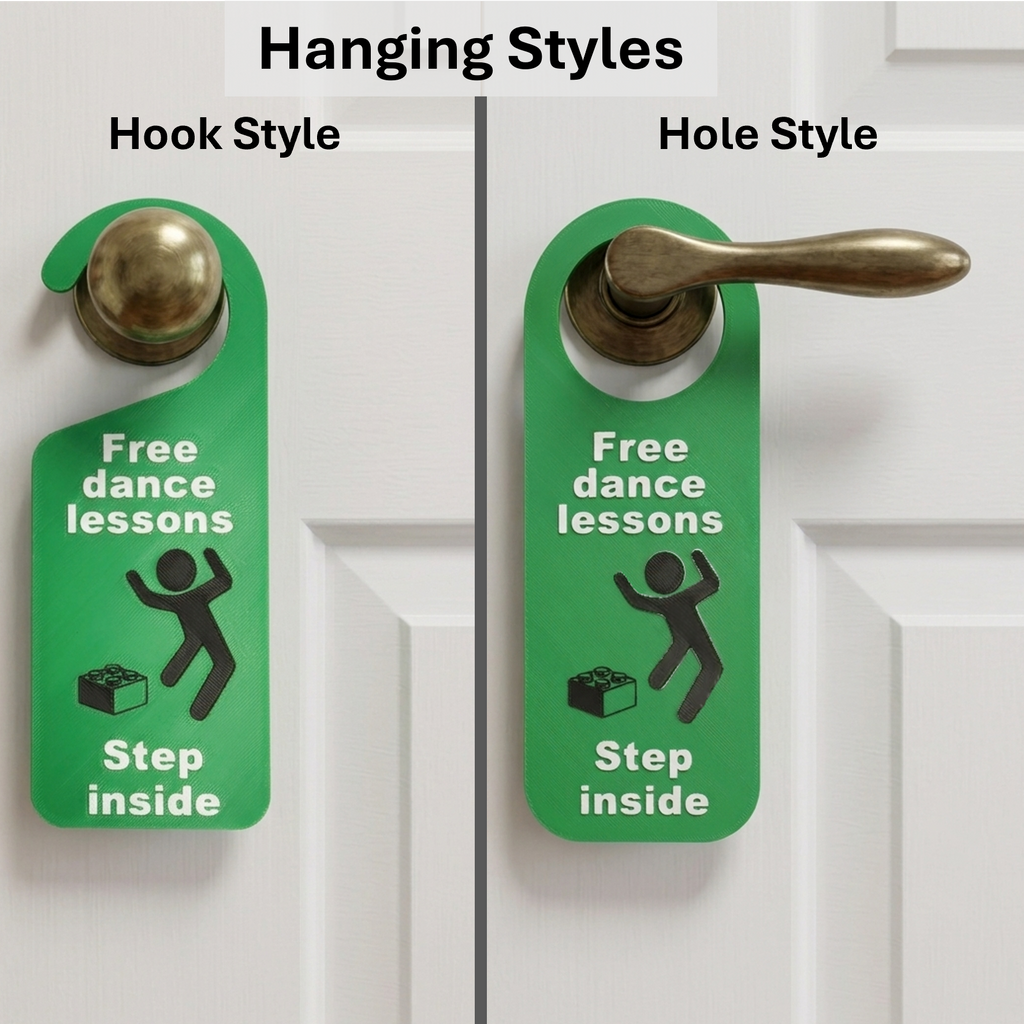 Two green hanging door hangers labeled 'Free dance lessons' and 'Step inside' shown on a white door, demonstrating Hook Style and Hole Style hanging methods.