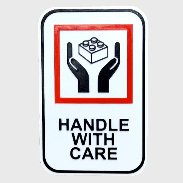 Handle With Care 3D Printed Sign with Brick Graphic | Funny Builder Decor | Includes Display Stand