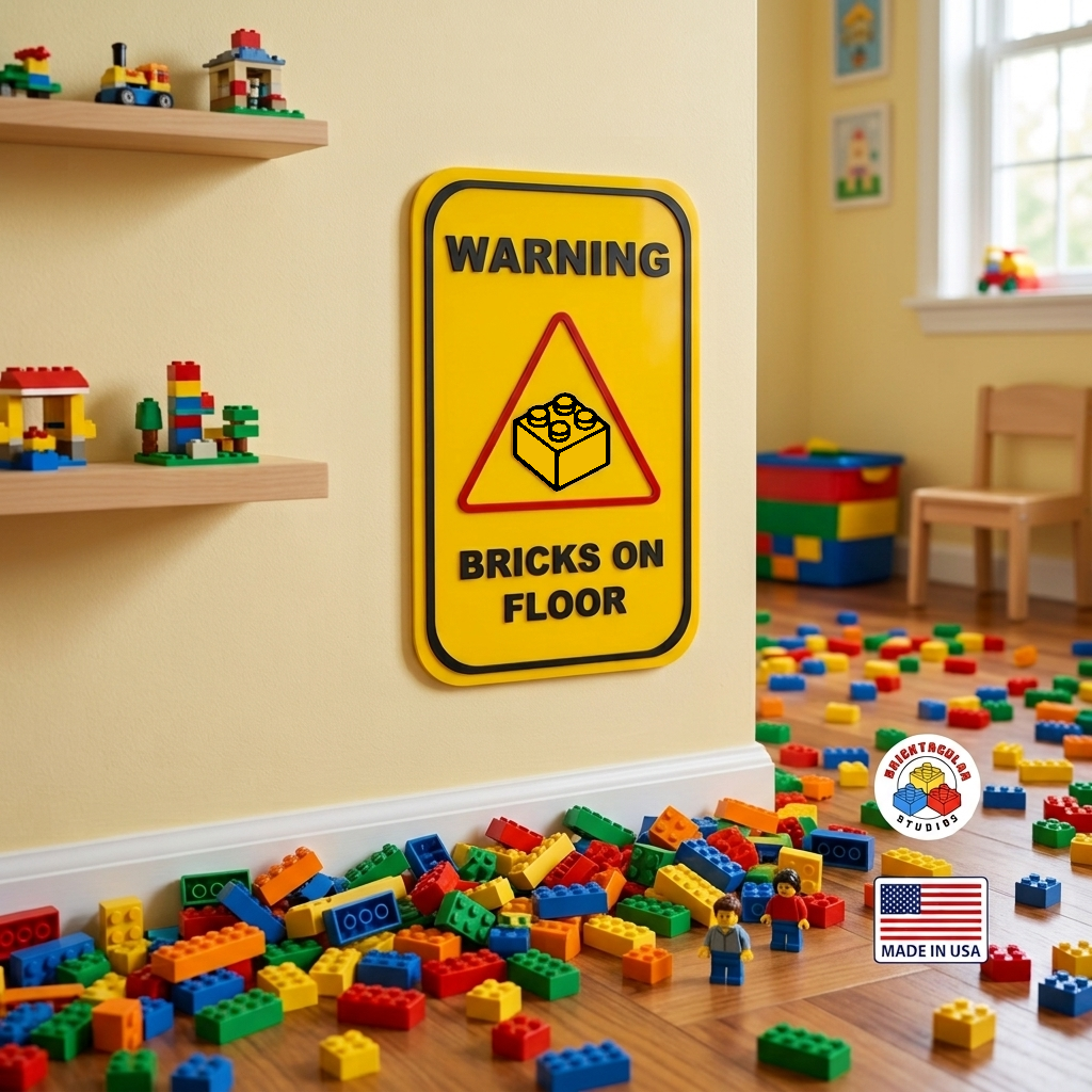 Brick Builder Warning Sign – “Bricks on Floor” – 3D Printed Wall Decor